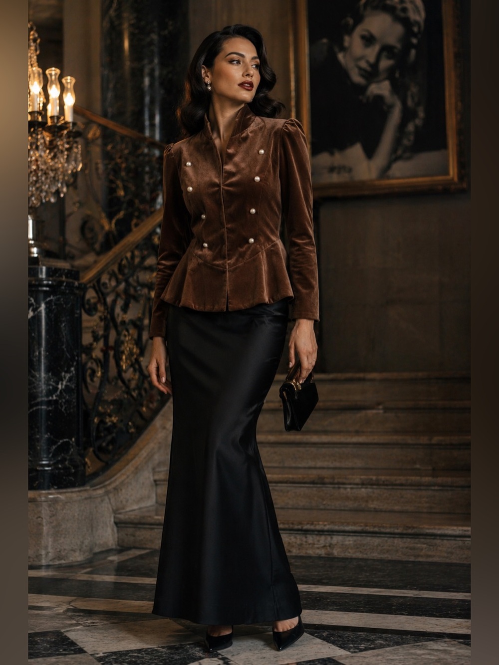 Amaryllis Brown Velvet Peplum Jacket Pearl Button Romantic Luxe Blazer 
Size S